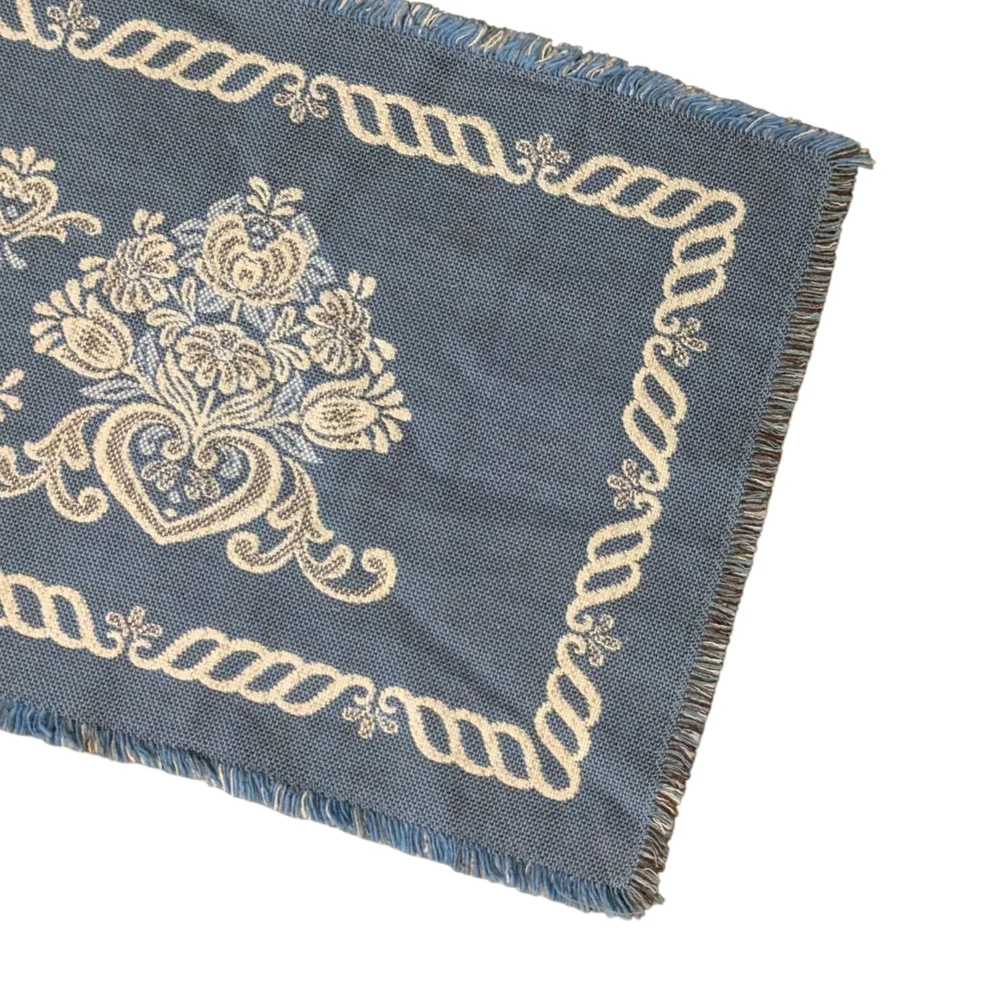 VTG Victorian Reversible Blue Beige Floral Damask Woven Table Runner W Fringe